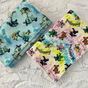 2 burp cloths  made with grateful themed cotton terrapin and bears  fabric/ backed with absorbent cotton chenille