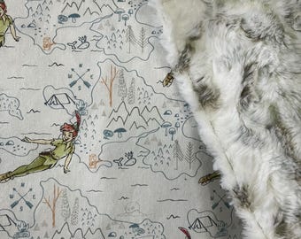 lovey baby blanket made from  Peter Pan Neverland themed fabric/ luxe owl gray and green  minky/ lost boys tinker bell/ security blanket