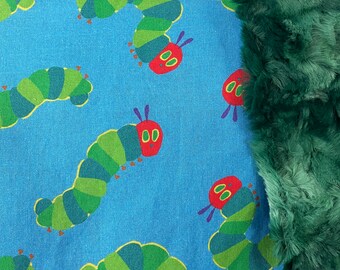 little lovey/ blue caterpillar baby blankie made with Eric Carle Very Hungry Caterpillar themed cotton fabric/ luxe green swirl minky