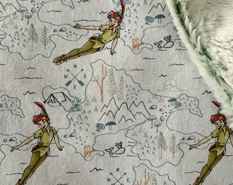 lovey baby blanket made from  Peter Pan Neverland themed fabric/ luxe icy mint green minky/ lost boys tinker bell/ security blanket