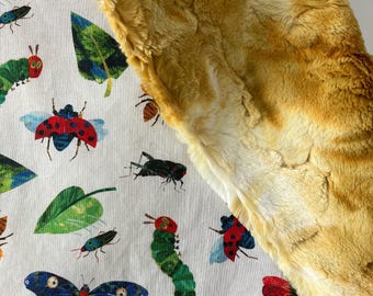 lovey baby blanket made with Eric Carle Very Hungry Caterpillar themed cotton fabric/ luxe warm golden swirl minky/ bugs