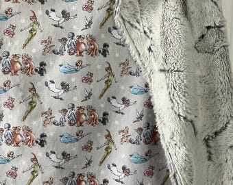 gender neutral blanket made from Peter Pan and Lost Boys themed fabric / toddler blanket/ luxe silver fox  minky/ neverland