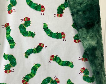 baby blanket made from gender neutral Eric Carle themed fabric/ very hungry caterpillar/ luxe green swirl minky/ caterpillars