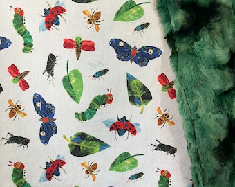 baby blanket made from gender neutral Eric Carle themed fabric/ very hungry caterpillar/ luxe green swirl minky/ bugs