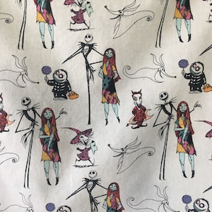 May include: White fabric with a repeating pattern of black and white line drawings of characters from the Nightmare Before Christmas movie. The characters include Jack Skellington, Sally, Zero the Ghost Dog, and Oogie Boogie.