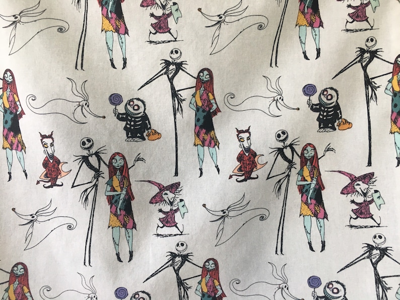 May include: White fabric with a repeating pattern of black and white line drawings of characters from the Nightmare Before Christmas movie. The characters include Jack Skellington, Sally, Zero the Ghost Dog, and Oogie Boogie.