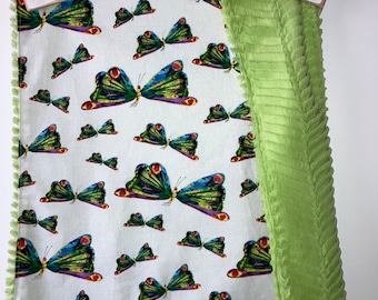 lovey baby blanket made with Eric Carle Very Hungry Caterpillar themed cotton fabric/ luxe bright green texture minky/ butterflies