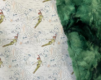 Baby blanket made with white Peter Pan themed fabric/ luxe green swirl  minky/ gender neutral/ neverland tinker bell