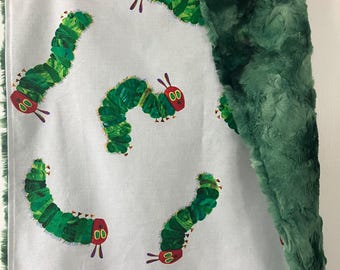 lovey baby blanket made with Eric Carle Very Hungry Caterpillar themed cotton fabric/ luxe green swirl minky/ security blanket