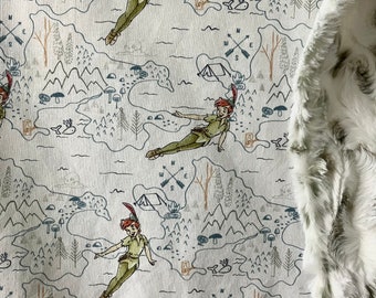 gender neutral blanket made from Peter Pan themed fabric / toddler blanket/ luxe snow owl minky/ neverland