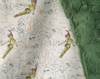 Baby blanket made with white Peter Pan themed fabric/ luxe green minky/ gender neutral/ neverland tinker bell