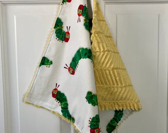 lovey baby blanket made with Eric Carle Very Hungry Caterpillar themed cotton fabric/ luxe golden textured  minky/ security blanket