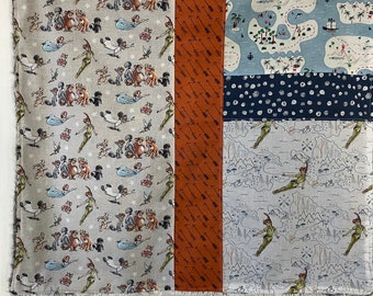 little lovey baby blanket made from Peter Pan Neverland themed cotton fabric/ luxe silver  minky/ security blanket