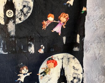 Baby blanket made with white Peter Pan and Wendy themed minky  fabric/ luxe gray minky/ neverland tinker bell