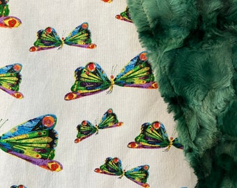 lovey baby blanket made with Eric Carle Very Hungry Caterpillar themed cotton fabric/ luxe swirl green texture minky/ butterflies
