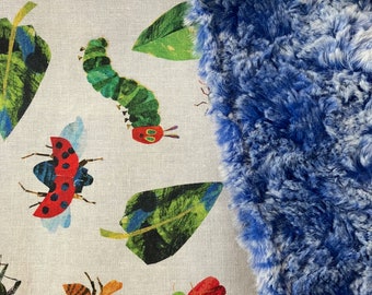 lovey baby blanket made with Eric Carle Very Hungry Caterpillar themed cotton fabric/ luxe blue texture minky/ bugs