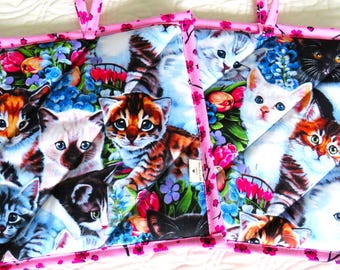 Cat Potholder Set: Quilted  Pink Cherry Blossom Design, Kitty Mom Gift