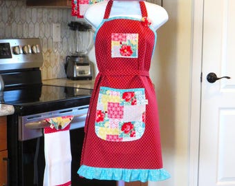 Pioneer Woman Apron: Cotton Canvas Fabric, Handmade Flower Detail, Vintage Design Fabric