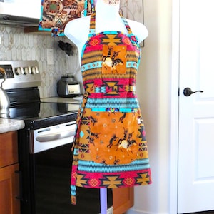 Kokopelli Apron: Southwest Native American Cotton Duck Canvas, Potholders Set of 2