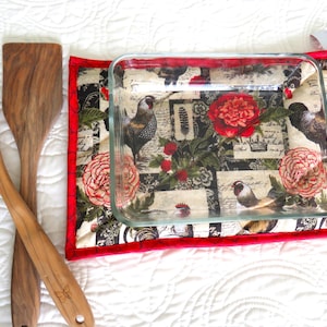 French Chicken Casserole Hot Pad, Coaster Set, Large Quilted Trivet, Farmhouse Gift, Rooster