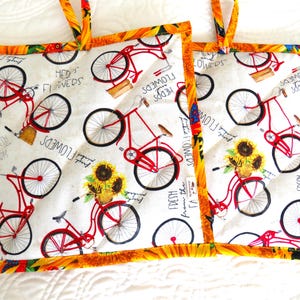 Bicycle  Potholder Set: Quilted Sunflower Hot Pads and Coaster Set, Bike Lover Gift
