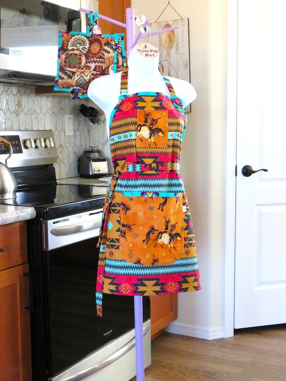 Kokopelli Apron: Southwest Native American Cotton Duck Canvas, Potholders Set of 2