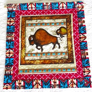May include: A Native American-themed wall hanging featuring a central image of a brown bison. The artwork is framed with a red border and accented with turquoise and white geometric patterns. The piece is mounted on a wooden dowel.