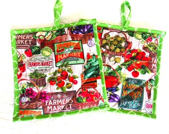 Farmers Market Potholder Set: Vegetable Print, Quilted Cotton (Set of 2)