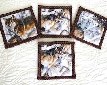 Fox and Wolves Coaster Sets, Quilted Wildlife Mug Rugs, Nature Decor, set of 4