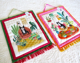 Quilted Dog and Cat Wall Hangings, Retro Design, Red or Gold Fringe