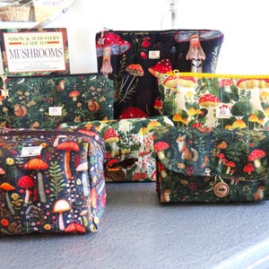 Mushroom Zipper and Button Bags : Quilted Accessory Pouch, Boxy Travel Bag, Mother's Day Gift