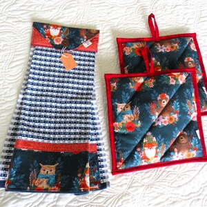 Owl Bear Fox Kitchen Towel & Potholder Set: Forest Creature Gift, Nature Decor