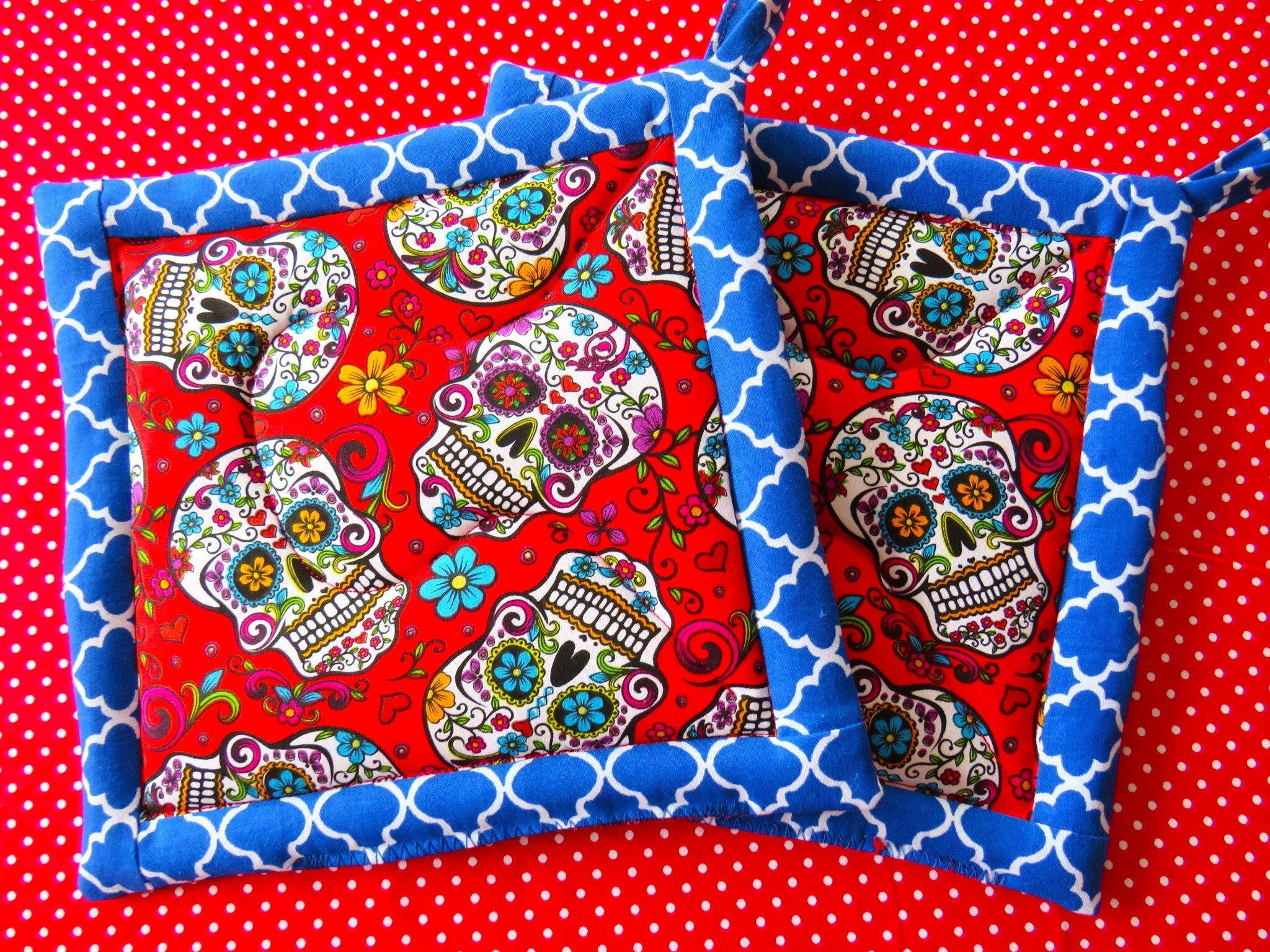 Large Sugar Skull Potholders Set Sugar Skull Hot Pads 2 Etsy