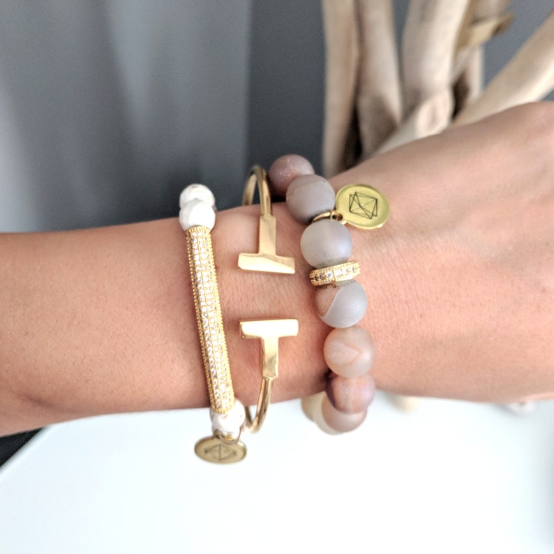 Double T Bangle Bracelet Stainless Steel with Charm.