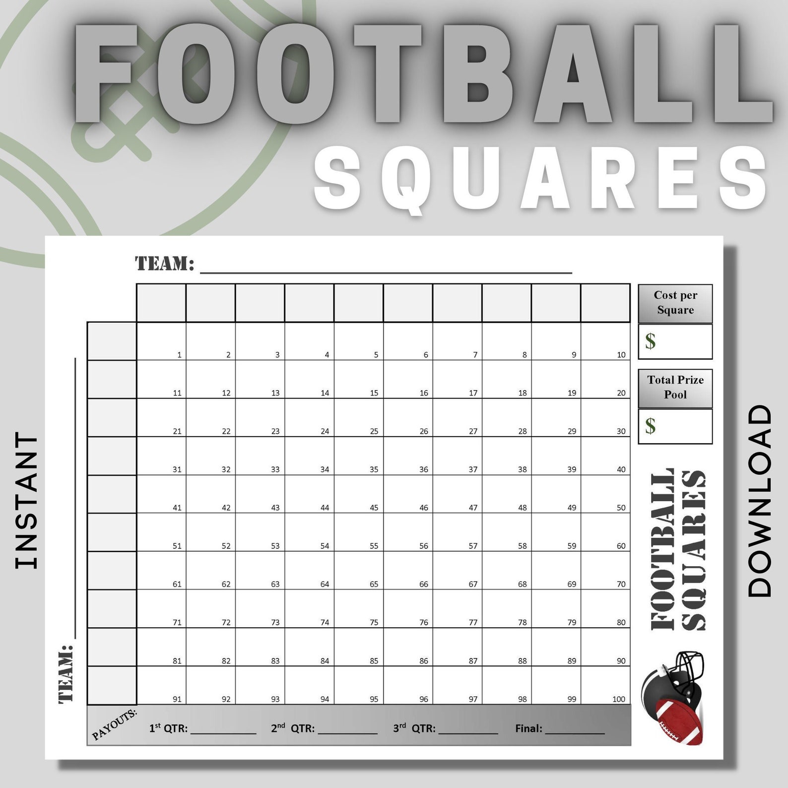 Football Squares Printable Fillable Etsy