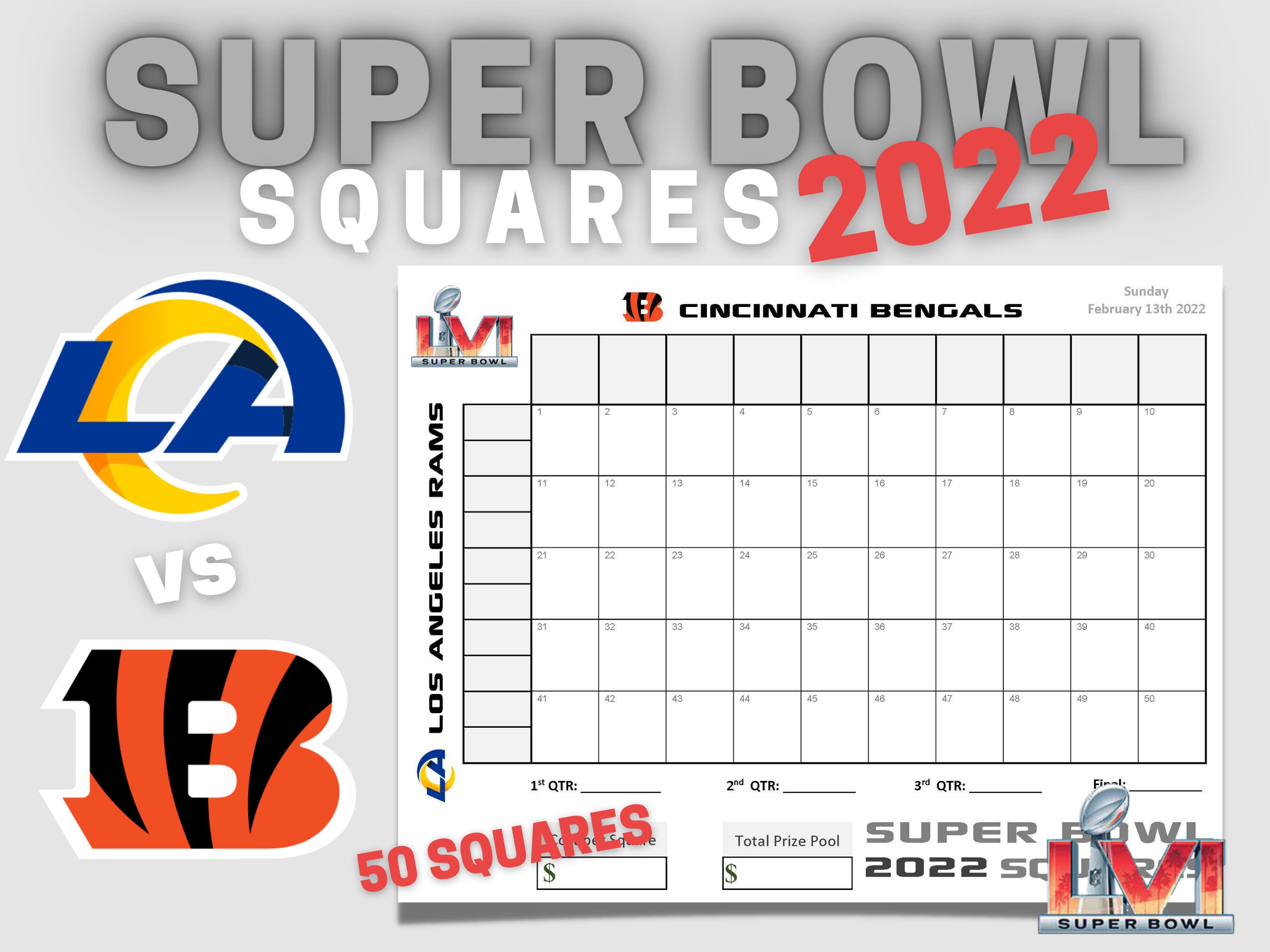 Printable 2022 Bowl Schedule Super Bowl Squares 2022 50 Squares Printable Fillable | Etsy Ireland