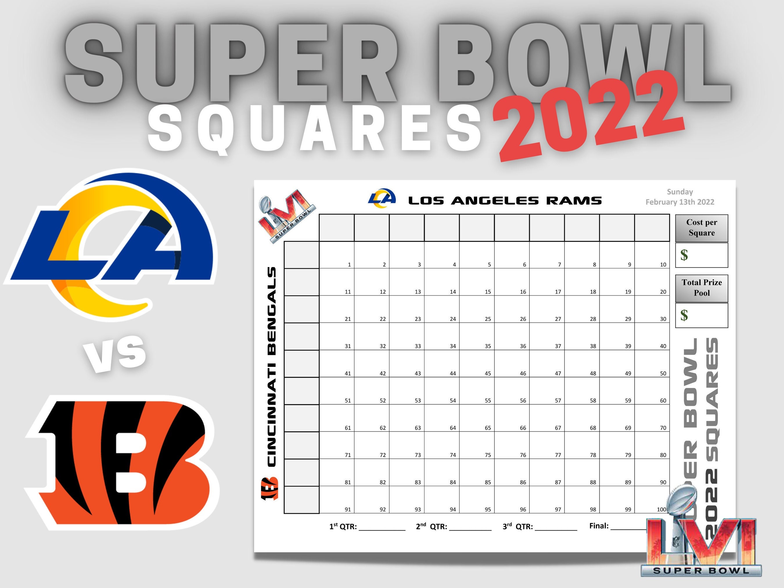 2022 Bowl Schedule Pdf Super Bowl Squares 100 Bengals Vs Rams 2022 Printable Football | Etsy