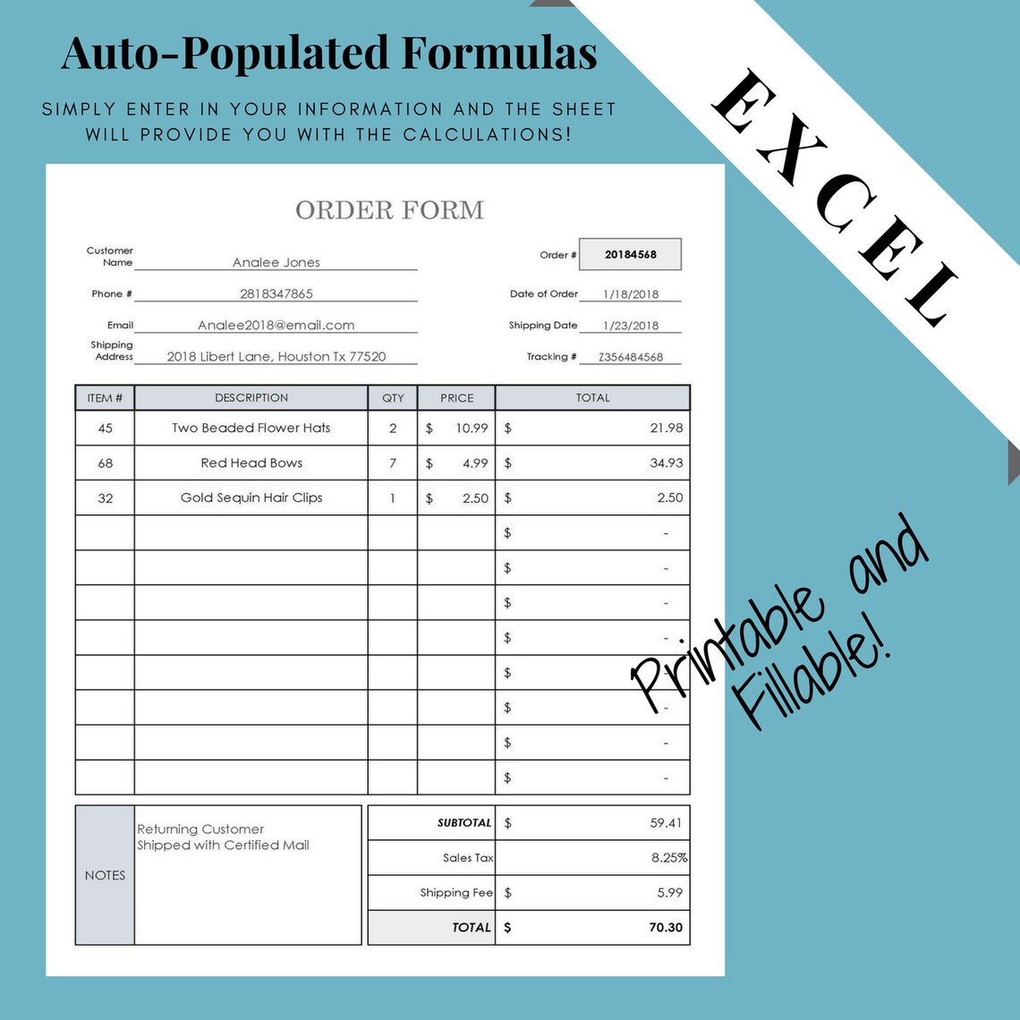Order form fillable excel spreadsheet etsy