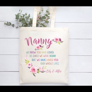 Personalised Natural Beige Tote Bag.. Nanny Gift.. Pink Floral.. Loved you since we were born..