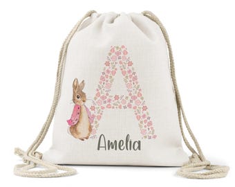 Personalised  Peter Rabbit Girls floral initial pink purple floral and Name  Drawstring  linen Bag, Linen, School Nursery ,Gym Kit,  ,