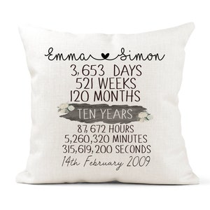 Personalised 10th Anniversary Cream Canvas Cushion, Scatter Cushion, Home Decor, Wedding, 10 years, Mum Dad Friends Days Months, Hours, Mins