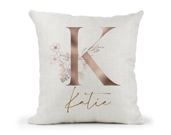 Personalised Cream Cushion.. Bronze Floral Initial & Name.. Girls Bedroom decor.. Birthday Gift