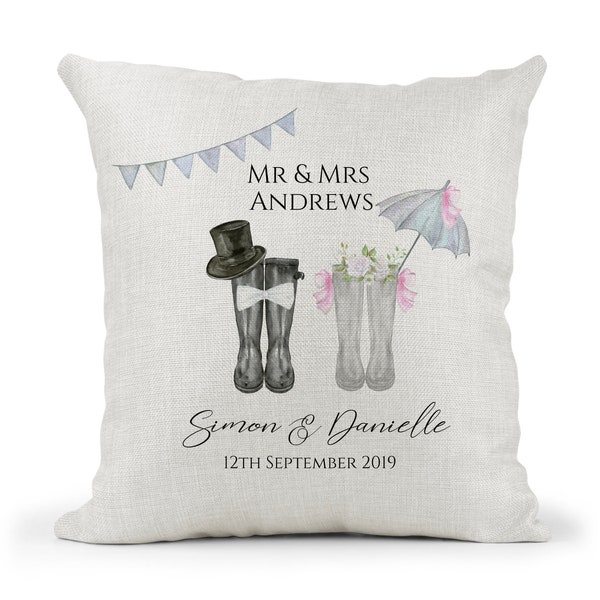 Personalised  Welly Boot Wedding Cream Canvas Cushion, Scatter Cushion, Home Decor, Wellies, Mr and Mrs, Farmer, Country Life