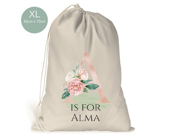 Personalised XL Drawstring Laundry Bag.. Girls.. Dirty Laundry.. Cream Beige Cotton Like Bag 50cm x 70cm.. Rose Gold Floral Letter Design