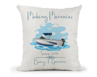 Personalised  boat speed boat cream Canvas Cushion, Making Memories, Family Gift.. Wedding, Anniversary Gift