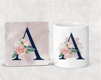 Personalised Navy & Peach Floral Initial Mug and Coaster Set. Girls Gift.. Bridesmaid, Colleague. Daughter Birthday Gift..Watercolour Splash