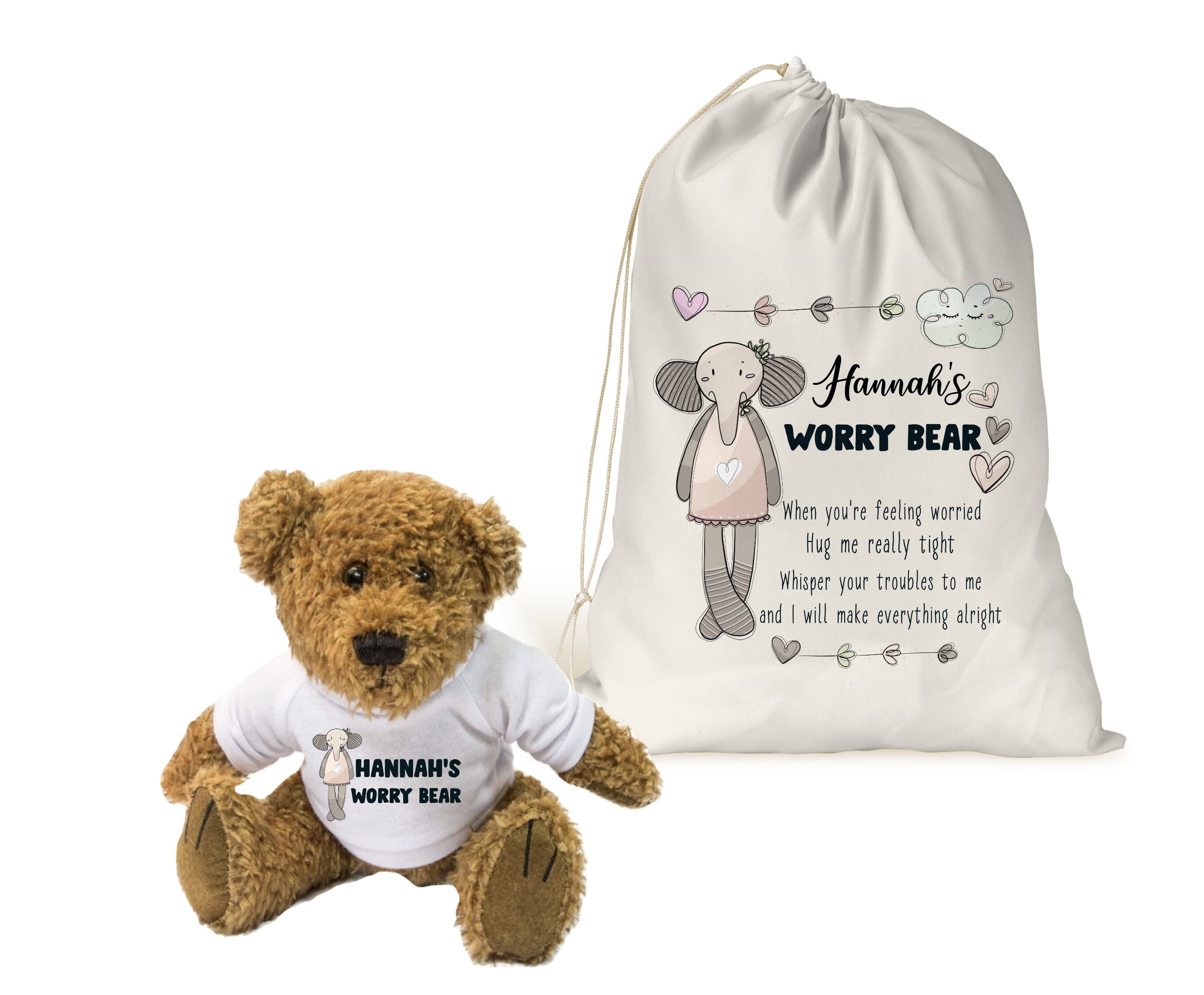 cuddle teddy personalised bear hug Worry Message gift for children anxiety worry toy comfort present Personalised Worry teddy Bear