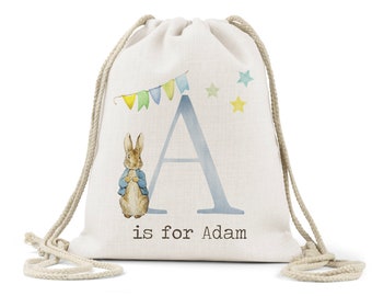 Personalised Boys Drawstring Bag, Linen,School Nursery, Baby Nappy Bag ,Gym Kit, Vintage Peter Rabbit Design