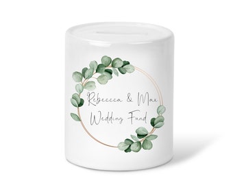 Personalised wedding fund eucalyptus wreath  engagement gift  Box-Ceramic Piggy Bank-Money saving Gift