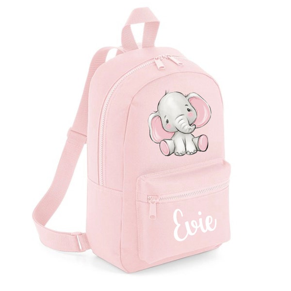 Personalised Elephant Mini Rucksack Backpack Baby Pink Girls Nursery Bag School bag Cute Elephant & Name